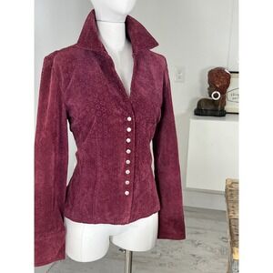 Aria‎ 100% Leather Jacket Eyelet Wine Red Snap Button Front Size M